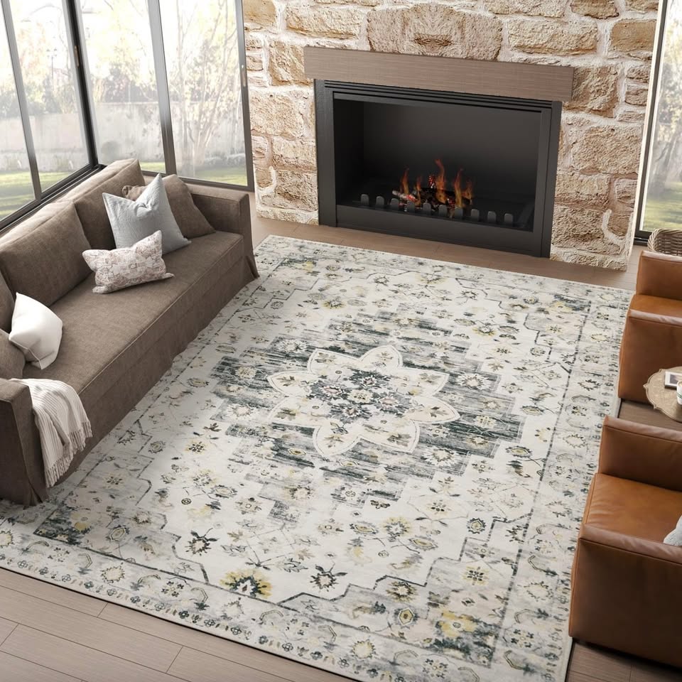 Jinchan Washable Lightweight Area Rug, Retro Grey - 9' x 12'